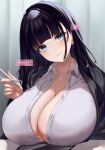  1girl amasora_taichi black_hair black_jacket blue_eyes blunt_bangs breasts cleavage closed_mouth collared_shirt english_text huge_breasts jacket long_hair looking_at_viewer open_clothes open_jacket original shirt smile solo twitter_username white_shirt 