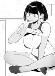  1girl absurdres blunt_bangs bob_cut bra breasts cleavage clothes_lift clothes_pull crossed_legs greyscale highres jikatarou large_breasts lifted_by_self monochrome original panties shirt shirt_lift short_hair sitting socks solo sweat tan underwear 