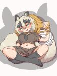  aka_bare animal_ears bandaid bandaid_on_face bandaid_on_nose black_necktie blue_eyes blush brown_shirt brown_skirt crossed_legs drunk extra_ears grey_hair hair_between_eyes hat inugami_gyoubu_(kemono_friends) kemono_friends looking_at_viewer midriff multicolored_hair navel necktie pleated_skirt raccoon_ears raccoon_girl raccoon_tail rice_hat school_uniform serafuku shirt short_hair short_sleeves sidelocks sitting skirt t-shirt tail tokkuri torn_clothes two-tone_hair 