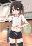  1girl arm_up black_hair black_shorts black_thighhighs blurry blurry_background blush clothes_lift collarbone commentary_request dolphin_shorts flat_chest gym_uniform hair_between_eyes hair_ornament hairclip highres lifted_by_self looking_at_viewer navel one_side_up open_mouth original paid_reward_available red_eyes shirt shirt_lift short_hair short_shorts short_sleeves shorts solo takasuma_hiro thighhighs translation_request white_shirt 