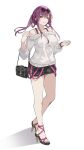  1girl alternate_costume bag bare_legs bare_shoulders black_shorts bra_strap breasts chinese_commentary commentary_request do2mi_doreimi eyewear_on_head full_body grin hand_up handbag high_heels highres honkai:_star_rail honkai_(series) kafka_(honkai:_star_rail) large_breasts long_hair long_sleeves looking_at_viewer off-shoulder_sweater off_shoulder ponytail purple_eyes purple_hair round_eyewear short_shorts shorts shoulder_tattoo side_slit simple_background smile solo standing sunglasses suspenders_hanging sweater tattoo thighs watch white_background white_sweater wristwatch 