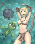 1girl absurdres animal_ears arms_up avatar_(ff11) blonde_hair blue_eyes breasts cactus41747280 cat_ears cat_girl cat_tail circlet cleavage collarbone crab final_fantasy final_fantasy_xi highres loincloth lying mandragora_(final_fantasy) medium_breasts midriff mithra_(ff11) navel no_eyebrows on_back parted_bangs partially_submerged short_hair solo tail tail_raised water wet wet_hair 