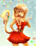  2017 5_fingers anthro biped blonde_hair braided_hair breasts cheek_tuft clothed clothing digital_media_(artwork) dress facial_tuft felid female fingers fully_clothed fur hair hi_res layala looking_at_viewer mammal markings portrait purple_eyes red_clothing red_dress shaded solo string_lights striped_markings striped_tail stripes tail tail_markings tan_body tan_fur three-quarter_portrait tuft 