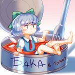  1girl :&lt; barefoot blue_dress blue_eyes blue_hair blush bow can canned_food cirno collared_shirt commentary dress dungeon_toaster fork full_body hair_bow highres ice ice_wings neck_ribbon red_ribbon ribbon russian_commentary russian_text shirt short_hair solo tomato_sauce touhou translated white_shirt wings 