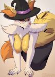  all_fours anthro black_body black_fur braixen breasts clothing colored_nails eyewear female fluffy fluffy_tail fur generation_6_pokemon glasses hat hat_only headgear headgear_only headwear headwear_only hi_res inner_ear_fluff lunarii mostly_nude multicolored_body multicolored_fur nails neck_tuft nintendo nipples nude pokemon pokemon_(species) round_glasses sluggystudio solo stick tail tuft white_body white_fur witch_hat x-leon-x yellow_body yellow_fur 
