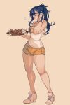  1girl absurdres alternate_costume alternate_hairstyle blue_hair chicken_(food) clothes_lift fire_emblem fire_emblem_awakening food hair_between_eyes highres holding holding_tray hooters iaurencin long_hair lucina_(fire_emblem) orange_shorts ponytail shirt_lift short_shorts shorts smile solo tray 