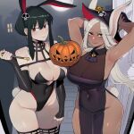  2girls :q absurdres animal_ears armpits arms_up ass black_corset black_dress black_hair black_leotard boku_no_hero_academia breasts corset dark-skinned_female dark_skin dress fake_animal_ears green_hair hair_ornament halloween_costume hat highres jack-o&#039;-lantern large_breasts leotard mirko moon multiple_girls pelvic_curtain playboy_bunny pumpkin purple_headwear rabbit_ears rabbit_girl rabbit_tail ratatatat74 red_eyes skull_hair_ornament spy_x_family tail thighs tongue tongue_out trick_or_treat white_hair witch_hat yor_briar 