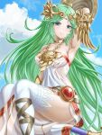  1girl arm_up armlet armpits bare_shoulders belt_buckle blush breasts buckle chiton circlet collarbone dress forehead_jewel gold_choker green_eyes green_hair highres holding holding_staff jewelry kid_icarus kid_icarus_uprising large_breasts laurel_crown long_hair looking_at_viewer neck_ring palutena parted_bangs pendant side_slit single_thighhigh sitting solo staff strapless strapless_dress thighhighs udon_frozen vambraces very_long_hair white_dress white_thighhighs 