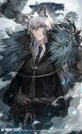  1boy animal_ears arknights bird black_jacket brown_gloves cloak fur_trim gloves grey_eyes hair_between_eyes hair_ornament hand_on_cane highres infection_monitor_(arknights) jacket leopard_ears male_focus necktie ryuuzaki_ichi silverash_(arknights) tenzin_(arknights) white_hair 