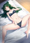 1girl absurdres akinakesu-chan animal_ear_fluff animal_ears bare_arms bare_legs bare_shoulders barefoot bed black_bra black_panties blush bra closed_mouth commission green_hair hand_up highres indoors long_hair lying nose_blush on_back on_bed original panties pillow pixiv_commission smile solo spread_legs underwear underwear_only yellow_eyes 