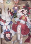  3girls absurdres ascot black_hair blush bow closed_eyes frilled_skirt frills hair_bow hakurei_reimu hand_fan hayuk0 highres horns japanese_clothes kawashiro_nitori kijin_seija kimono long_hair long_sleeves multicolored_hair multiple_girls nontraditional_miko obi one_eye_closed open_mouth paper_fan pink_kimono purple_hair red_bow red_eyes red_hair red_skirt sash shirt short_hair skirt socks streaked_hair sukuna_shinmyoumaru tatami touhou uchiwa white_hair white_shirt white_skirt white_socks yellow_ascot 