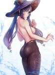  1girl absurdres ass back black_hair breasts commentary genshin_impact green_eyes hat highres long_hair looking_back medium_breasts mona_(genshin_impact) nipples pantyhose purple_hair sideboob solo taiyo_(foxtaiyo) topless twintails very_long_hair witch_hat 