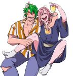  2boys :d alcohol arm_around_shoulder ataka_takeru beer blue_kimono cherry_blossom_(sk8) closed_eyes cup denim eyewear_on_head facing_viewer green_hair hand_up holding holding_cup invisible_chair japanese_clothes joe_(sk8) kimono laughing male_focus multiple_boys pants pectorals pink_hair shirt short_hair simple_background sitting sk8_the_infinity smile socks striped striped_shirt torn_clothes torn_pants white_background white_socks wide_sleeves 