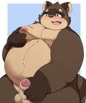  2023 anthro belly big_belly blush bodily_fluids brown_body canid canine censored hi_res kemono kusosensei male mammal masturbation moobs nipples overweight overweight_male raccoon_dog shoutaro simple_background solo sweat tanuki 