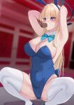  1girl animal_ears aqua_bow aqua_bowtie armpits blonde_hair blue_archive blue_eyes blue_halo blue_leotard blurry blurry_background bow bowtie breasts cleavage detached_collar fake_animal_ears fellatio halo hetero highres leotard long_hair medium_breasts nanohana_(november.) official_alternate_costume oral penis pussy_juice rabbit_ears solo_focus squatting thighhighs toki_(blue_archive) toki_(bunny)_(blue_archive) white_thighhighs 