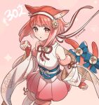  1girl animal_ears artist_name bare_shoulders bell cat_ears cat_tail detached_sleeves fingerless_gloves fire_emblem fire_emblem_fates fire_emblem_heroes floral_print fur-trimmed_sleeves fur-trimmed_thighhighs fur_trim gloves highres japanese_clothes juria0801 looking_at_viewer multiple_tails neck_ribbon nekomata parted_lips pink_eyes pink_hair ribbon sakura_(fire_emblem) sakura_(halloween)_(fire_emblem) short_hair solo striped striped_ribbon tail tail_bell tail_ornament thighhighs white_thighhighs 