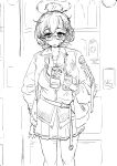  1girl absurdres bags_under_eyes blue_archive can canned_coffee cardigan chihiro_(blue_archive) drooling feet_out_of_frame glasses hair_behind_ear hair_ornament halo highres holding holding_can jacket monochrome necktie open_collar pleated_skirt rabbit_hair_ornament semi-rimless_eyewear short_hair sketch skirt solo under-rim_eyewear ushimochi vending_machine watch white_background wristwatch 