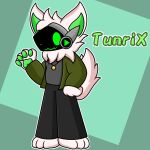  2d_(artwork) anthro big_ears bottomwear clothed clothing coat digital_drawing_(artwork) digital_media_(artwork) ears_up fluffy fluffy_tail fur gesture green_pawpads happy_expression hi_res jewelry lyncario machine male neck_tuft necklace open_clothing open_coat open_topwear pants pawpads protogen protogen_visor shirt skinny solo tail topwear tuft tunrix_(lyncario) waving waving_hand white_body white_fur 