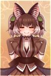  1girl alternate_costume animal_ears bat_ears bat_girl bat_wings brown_hair brown_long-eared_bat_(kemono_friends) closed_eyes closed_mouth dress extra_ears gloves grey_hair highres hikarikmy kemono_friends kemono_friends_v_project long_hair multicolored_hair ribbon simple_background solo two-tone_hair virtual_youtuber wings yellow_background 