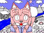  4:3 anthro averi_(fiddleafox) brown_body brown_fur canid canine clothing cloud detailed_background dipstick_tail female female_anthro flipnote_studio fox fur hair looking_at_viewer low_res mammal markings river sky solo sun tail tail_markings unknown_artist white_body white_fur 
