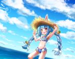  1girl animal_ears armpits arms_up beach bikini blue_bikini blue_hair braid carrot cloud frilled_bikini frills hands_on_headwear hat highres hololive jun_(noiji_guren_0220) long_hair multicolored_hair navel ocean open_mouth outdoors rabbit_ears rabbit_girl red_eyes sky smile solo straw_hat sun_hat swimsuit thighs twin_braids twintails two-tone_hair usada_pekora very_long_hair virtual_youtuber white_hair 