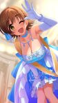  1girl blue_dress blurry blurry_background blush braid breasts brown_hair choker cleavage crown_braid dress earrings elbow_gloves feet_out_of_frame gloves hand_on_own_thigh highres honda_mio idolmaster idolmaster_cinderella_girls indoors jewelry kurume large_breasts layered_dress leaning_forward looking_at_viewer necklace open_mouth sash short_hair shoulder_sash single_bare_shoulder smile solo standing strapless stud_earrings waving white_gloves yellow_eyes 