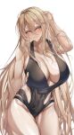  1girl absurdres azur_lane black_one-piece_swimsuit blonde_hair blush breasts brown_eyes cleavage collarbone hair_between_eyes hand_up highres implacable_(azur_lane) large_breasts long_bangs long_hair looking_at_viewer one-piece_swimsuit shiroyuki_(shiroyuki003) simple_background smile solo swimsuit white_background 