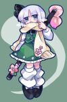  1girl black_bow black_bowtie black_footwear black_ribbon blue_eyes blush bow bowtie flower frilled_skirt frills full_body green_background green_skirt green_vest hair_ribbon harunori_(hrnrx) highres konpaku_youmu konpaku_youmu_(ghost) long_sleeves looking_at_viewer medium_hair open_mouth pink_flower ribbon scarf shirt shoes simple_background skirt sword sword_on_back touhou vest weapon weapon_on_back white_hair white_leg_warmers white_shirt yellow_scarf 