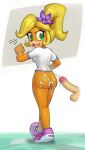 2023 accessory activision angry anthro bandicoot blonde_hair bodily_fluids bottomless bottomless_female butt clothed clothing coco_bandicoot crash_bandicoot_(series) cum cum_on_butt cum_on_shirt disembodied_penis ejaculation female flower flower_in_hair fur genital_fluids genitals green_eyes hair hair_accessory hi_res humanoid_genitalia humanoid_penis male mammal mario-grant marsupial orange_body orange_fur penis plant ponytail questionable_consent solo walking 