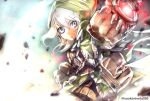  1girl battle_chasers blonde_hair brown_gloves cape closed_mouth gauntlets gloves green_eyes gully_(battle_chasers) highres hood hoodie long_hair looking_at_viewer mineta_naoki solo 