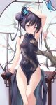  1girl :o arm_up armpits bare_legs bare_shoulders black_gloves black_hair blue_archive blue_butterfly breasts bug butterfly butterfly_hair_ornament china_dress chinese_clothes covered_navel dress gloves grey_eyes hair_bun hair_ornament jacket jacket_removed kisaki_(blue_archive) long_hair otakueden1995 parted_lips pelvic_curtain second-party_source short_dress side_slit sitting small_breasts solo table taut_clothes taut_dress thighs zi_yue_liuli 