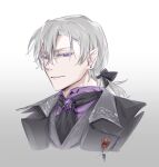  1boy ascot black_ascot black_bow bow brooch chiutina fangs fredo_von_ejellan grey_hair hair_between_eyes hair_bow jewelry looking_at_viewer lout_of_count&#039;s_family male_focus pointy_ears ponytail purple_eyes simple_background upper_body vampire white_background 