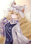  1girl animal_ears blonde_hair blush closed_mouth dress fox_ears fox_tail hat highres mob_cap multiple_tails sarasadou_dan short_hair solo tabard tail touhou white_dress white_headwear wide_sleeves yakumo_ran yellow_eyes 