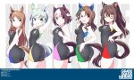  5girls animal_ears ass black_one-piece_swimsuit blue_eyes braid breasts brown_hair character_name competition_swimsuit curren_chan_(umamusume) domino_mask ear_bow ear_covers el_condor_pasa_(umamusume) french_braid grass_wonder_(umamusume) grey_hair hand_on_own_hip highres horse_ears horse_girl horse_tail king_halo_(umamusume) long_hair looking_at_viewer looking_back mask medium_breasts multicolored_clothes multicolored_hair multicolored_swimsuit multiple_girls one-piece_swimsuit one_eye_closed ponytail purple_eyes red_eyes shigino_sohuzi short_hair small_breasts special_week_(umamusume) swimsuit tail two-tone_hair umamusume white_hair 