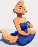  2023 absurd_res anthro bedroom_eyes big_breasts black_eyes blue_clothing breasts canid canine cheek_tuft chipsgm cleavage clothed clothing clothing_lift clothing_pull diane_foxington digital_drawing_(artwork) digital_media_(artwork) dreamworks dress eyelashes facial_tuft female fox fur hand_on_breast hand_on_leg hand_on_thigh hi_res huge_breasts inviting leaning looking_at_viewer mammal narrowed_eyes open_mouth orange_body orange_fur seductive simple_background sitting solo tan_body tan_fur the_bad_guys thick_thighs tuft undressing watermark white_background wide_hips 
