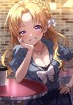  1girl black_bra blonde_hair blue_shirt blurry bow bowtie bra bra_peek bracelet braid breasts brick_wall cleavage collarbone cup disposable_cup dot_nose earrings elbow_on_table grin hair_bow hair_ribbon hand_on_own_hip head_rest highres idolmaster idolmaster_cinderella_girls idolmaster_cinderella_girls_starlight_stage indoors jewelry kiryu_tsukasa_(idolmaster) lamp long_hair looking_at_viewer medium_breasts necklace pink_nails plaid plaid_skirt pleated_skirt purple_eyes purple_skirt rainbow_gradient ribbon ring shinonoko_(tubamecider) shirt short_sleeves sitting skirt smile solo table underwear wavy_hair white_bow white_bowtie white_ribbon 