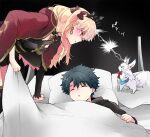  1boy 1girl azumi_(myameco) black_background black_hair blonde_hair cape commentary_request ereshkigal_(fate) eye_contact fate/grand_order fate_(series) fou_(fate) fujimaru_ritsuka_(male) long_hair looking_at_another red_cape red_eyes short_hair simple_background sleeping 