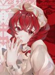  1girl commentary cowlick curly_hair drill_hair fingernails frilled_hat frilled_shirt frills hair_between_eyes hat highres kasane_teto looking_at_viewer medium_hair own_hands_together patterned_background portrait red_eyes red_hair shirt solo thick_eyelashes twin_drills utau yori_(user_yvfv5333) 