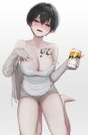  1girl absurdres bare_legs bare_shoulders barefoot beer_can black_hair blue_eyes blush breasts camisole can chest_tattoo cleavage collarbone crossed_bangs drunk gwan-e hair_between_eyes hand_on_own_chest head_tilt highres large_breasts looking_at_viewer open_clothes open_mouth open_shirt original seiza shirt short_hair short_shorts shorts simple_background sitting sleeves_past_wrists smile solo strap_slip tattoo white_background white_camisole white_shirt 
