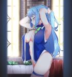  1girl adjusting_hair aqua_(konosuba) armpits arms_behind_head arms_up bed blue_eyes blue_hair bottomless bow breasts brick_wall commentary_request cowboy_shot dressing empty_bottle from_side glass_bottle green_bow hair_down half-closed_eyes highres indoors kono_subarashii_sekai_ni_shukufuku_wo! long_hair looking_down muntins navel open_clothes open_mouth open_shirt profile puckered_lips re:ankh_(mrsz4523) shirt skindentation sleeveless sleeveless_shirt standing thighhighs thighs white_thighhighs window 