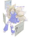  1girl ? absurdres animal_ear_fluff animal_ears blonde_hair closed_eyes detached_sleeves dress facing_viewer fangs fox_ears fox_girl fox_tail full_body highres kitsune kurobeko_(kur0bek0) kyuubi leg_warmers light_brown_hair long_hair multiple_tails open_mouth short_sleeves simple_background sitting solo tail thighhighs vocaloid watermark_(vocaloid) white_background white_thighhighs window_(computing) 