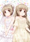  2girls :d bare_shoulders blush breasts brown_dress brown_eyes brown_hair closed_mouth commentary_request detached_sleeves dress dual_persona floral_background highres idolmaster idolmaster_cinderella_girls idolmaster_cinderella_girls_starlight_stage long_hair multiple_girls off-shoulder_dress off_shoulder puffy_short_sleeves puffy_sleeves regular_mow see-through short_sleeves sidelocks small_breasts smile standing strapless strapless_dress tiara veil very_long_hair white_dress yorita_yoshino 