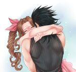  1boy 1girl aerith_gainsborough arms_around_neck bare_arms bare_shoulders black_hair black_shirt blush braid braided_ponytail brown_hair closed_eyes commentary couple crisis_core_final_fantasy_vii crylin6 dress english_commentary final_fantasy final_fantasy_vii from_behind hair_ribbon highres hug jewelry long_hair parted_bangs pink_dress pink_ribbon ribbed_shirt ribbon ring shirt sleeveless sleeveless_shirt spiked_hair upper_body zack_fair 