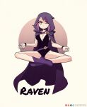  1girl absurdres belt black_leotard black_wristband boots breasts cape character_name dc_comics expressionless floating full_body highres keetydraws leotard looking_at_viewer purple_cape purple_eyes purple_footwear purple_hair raven_(dc) short_hair solo wristband yoga 