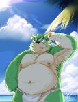  anthro asian_clothing belly canid canine canis clothing domestic_dog east_asian_clothing eyebrows fundoshi fur green_body green_fur hi_res japanese_clothing lifewonders live_a_hero male mammal mokdai navel nipples overweight solo tengzai05 thick_eyebrows underwear 