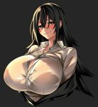  1girl absurdres black_hair black_jacket blush breasts commentary_request highres huge_breasts hz_(666v) jacket kashima_(hz_(666v)) long_hair looking_at_viewer off_shoulder original paid_reward_available partially_unbuttoned ringed_eyes school_uniform see-through see-through_shirt smile solo unbuttoned unbuttoned_shirt upper_body 