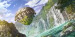  cliff cloud day floating_island forest highres kosian lake moss nature no_humans non-web_source official_art rock rope scenery second-party_source shimenawa sky touhou touhou_lost_word water waterfall 