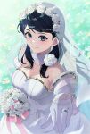  1girl bare_shoulders blue_eyes blue_hair bouquet breasts bridal_veil bride cleavage dress elbow_gloves fire_emblem flower gloves hair_ornament hairclip highres jewelry lambdambla large_breasts long_hair looking_at_viewer oribe_tsubasa reaching reaching_towards_viewer ring see-through smile solo tokyo_mirage_sessions_fe veil wedding_dress wedding_ring 
