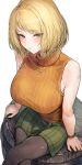  1girl absurdres ashley_graham bare_shoulders barrel black_pantyhose blonde_hair blue_eyes blush breasts closed_mouth green_skirt highres jewelry large_breasts looking_at_viewer marse_(rokudaime) necklace orange_sweater pantyhose plaid plaid_skirt resident_evil resident_evil_4 resident_evil_4_(remake) ribbed_sweater short_hair simple_background sitting skirt sleeveless sleeveless_sweater sleeveless_turtleneck solo sweat sweater turtleneck turtleneck_sweater white_background 