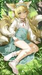  1girl animal_ears arknights blonde_hair blurry bow bowtie clothes_lift commentary_request depth_of_field devil_heavens feet forest fox_ears fox_girl fox_tail grass green_eyes hair_between_eyes hairband highres kitsune kyuubi legs lifted_by_self lolita_hairband long_hair long_sleeves looking_at_viewer multicolored_hair multiple_tails nature no_shoes official_alternate_costume outdoors parted_lips red_bow red_bowtie revision shirt sidelocks sitting skirt skirt_lift socks soles solo suzuran_(arknights) suzuran_(spring_praise)_(arknights) tail toes tree two-tone_hair white_shirt white_socks 